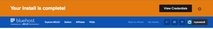 Bluehost wordpress installation complete