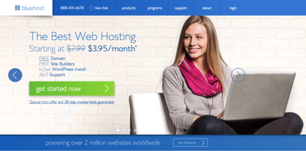 Bluehost home page | sign up for hosting | get started now | 1 click wordpress install | free domain