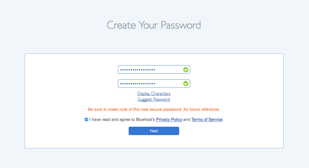 Create Password Bluehost Step 2